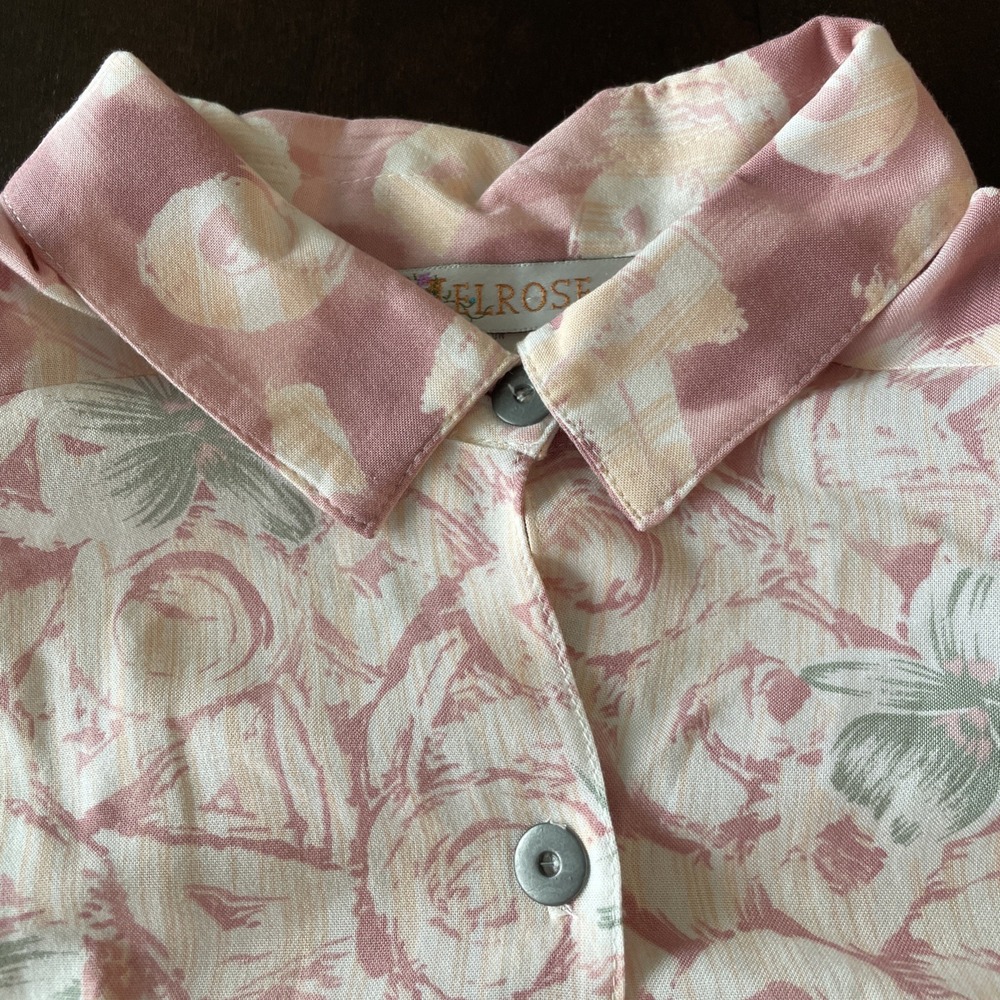 Melrose Pink Green Floral Roses Short Sleeve Button Down Shirt 12‎ Rayon